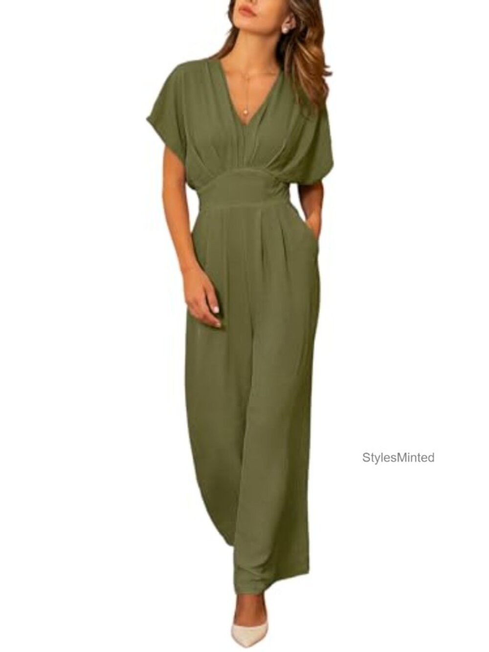 CUPSHE Women Batwing Sleeve Tie Back V Neck Wide Leg Jumpsuit With Pockets